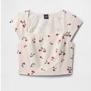 NWT Cherry Print Linen-Blend Cap-Sleeve Crop Top XL